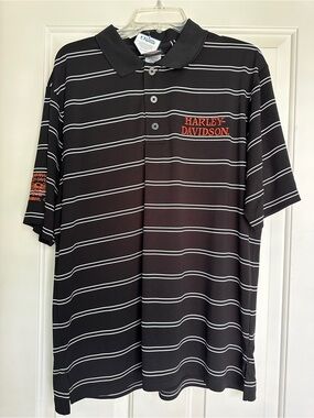 Harley-Davidson Black and White Striped Polo with Orange Logo